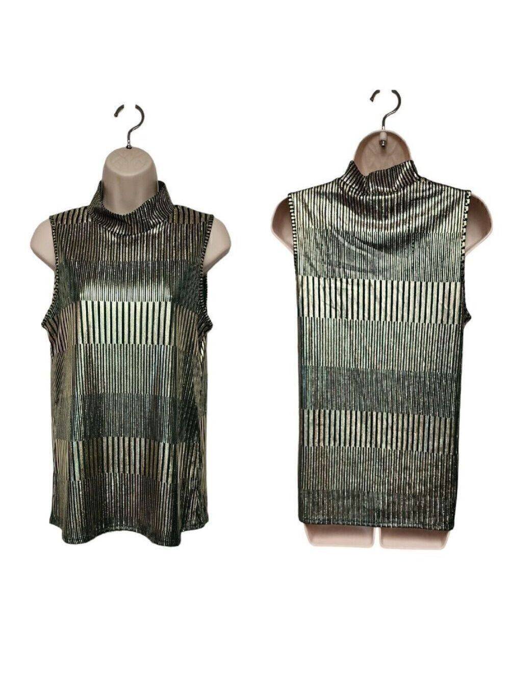 ESPRESSO LA Metallic Sleeveless Stand-Up Collar Tunic Top Gold & Green Size M